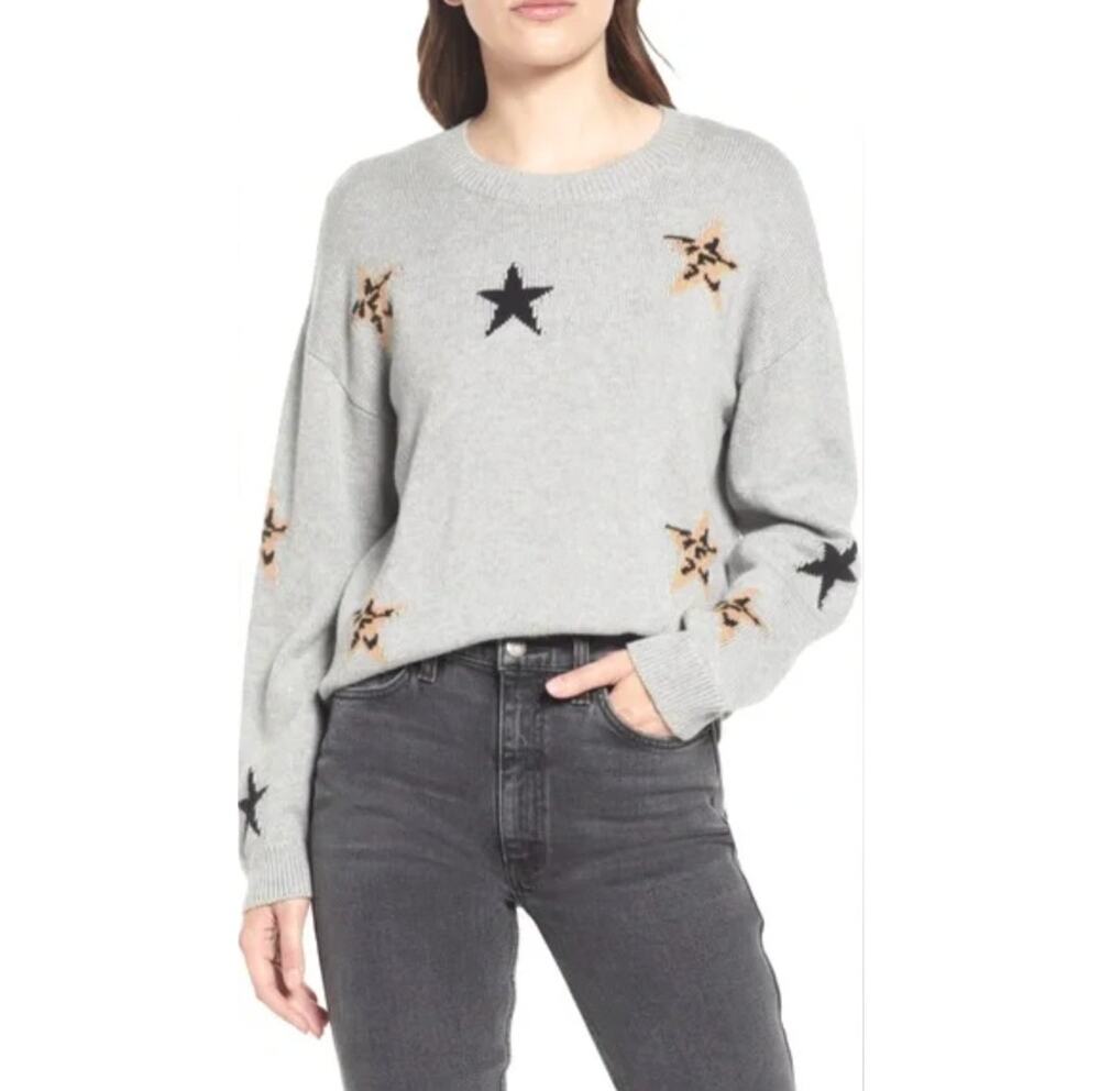 RAILS Grey Animal Print Stars Crew Neck Knit Sweater Size M